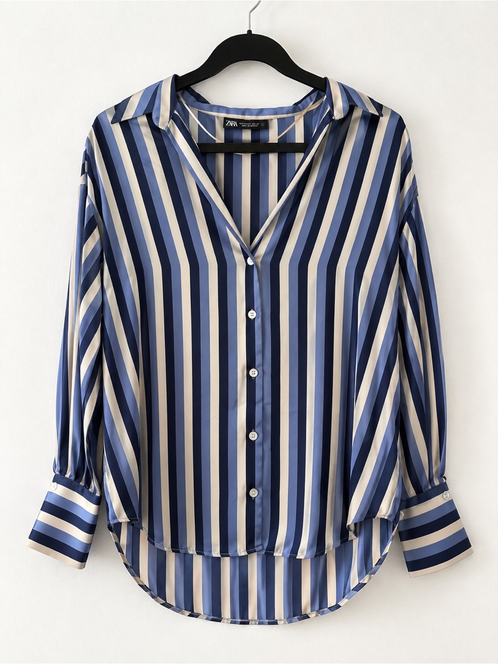 Zara Satin Striped Button Down Blouse Blue Cream Size Small